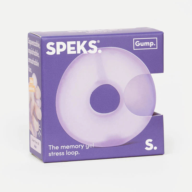 Purple Gump Loop memory gel stress toy in packaging with soft, squishy texture for stress relief and fidgeting.