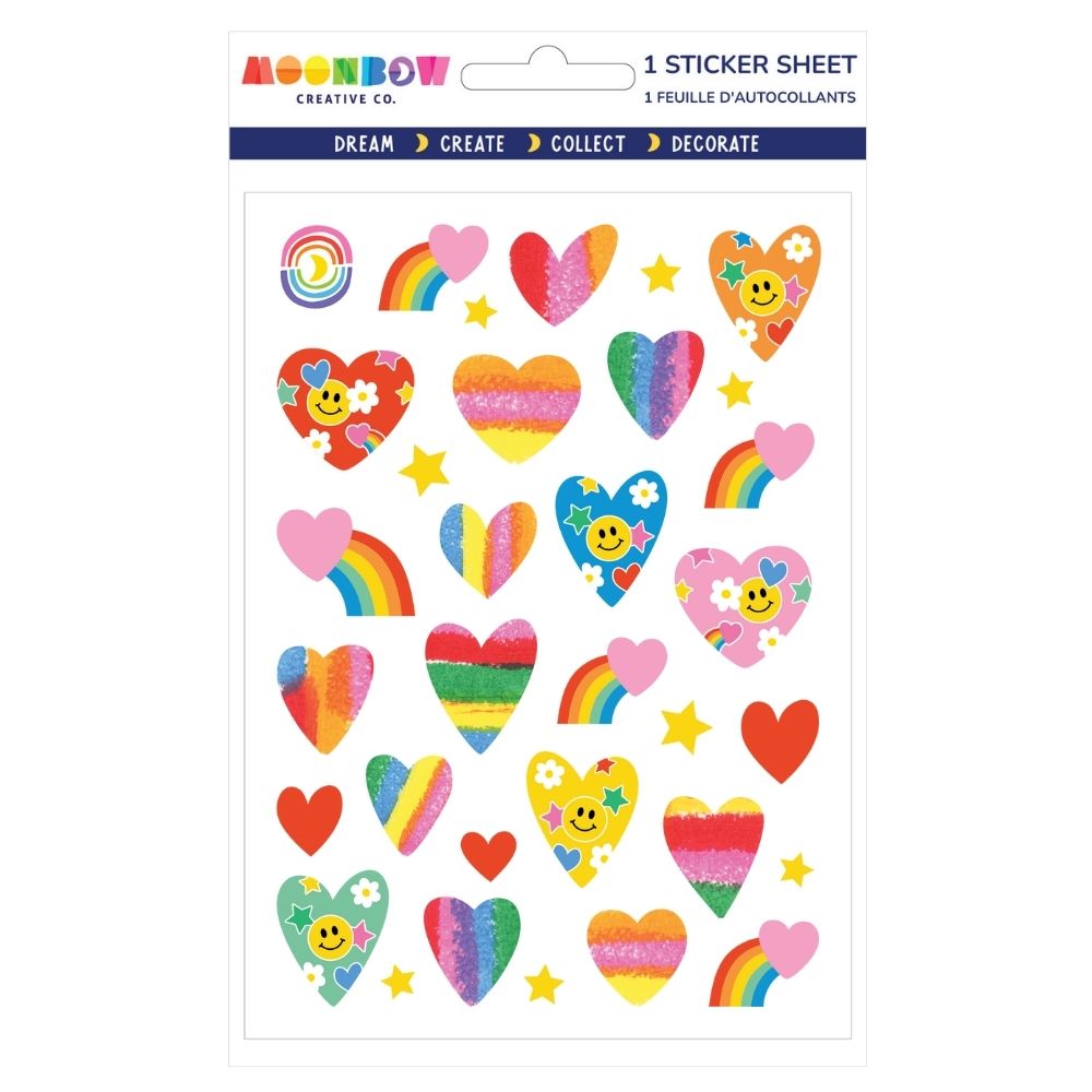 Sheet of colorful heart-shaped and rainbow stickers decorated with smiley faces, stars, and flowers on white background