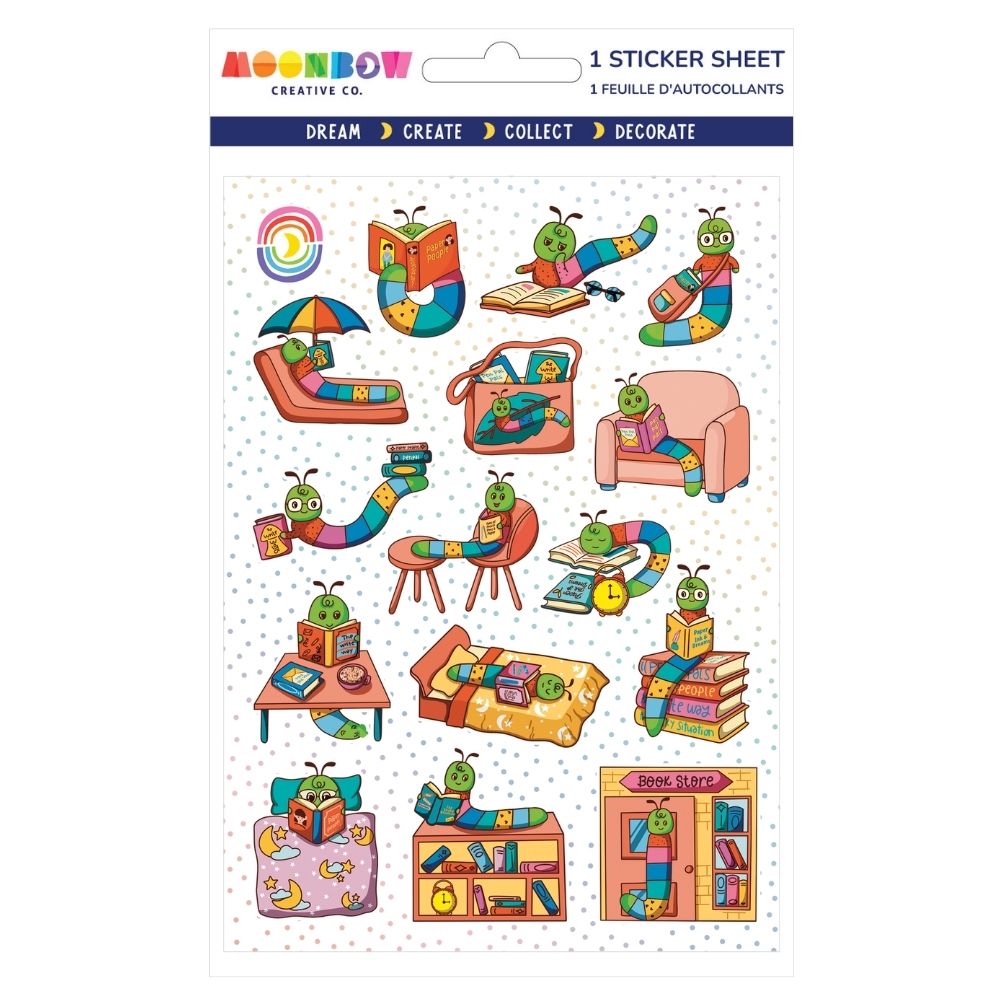 Sticker sheet featuring colorful bookworm characters reading, relaxing, and studying in various cozy settings with books and furniture