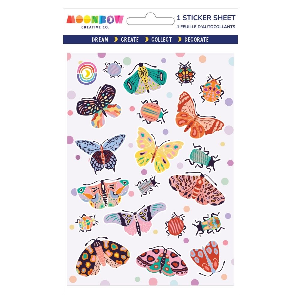 Sticker sheet with colorful butterflies and beetles in various patterns on a white background with pastel polka dots