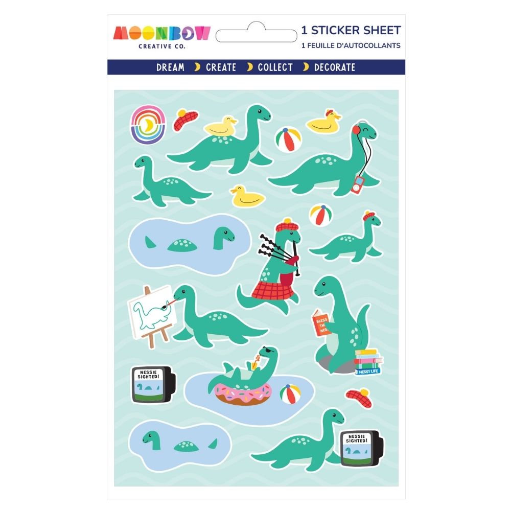 Sticker sheet with playful green dinosaurs in various activities including swimming, reading, and wearing accessories with rubber ducks and beach balls
