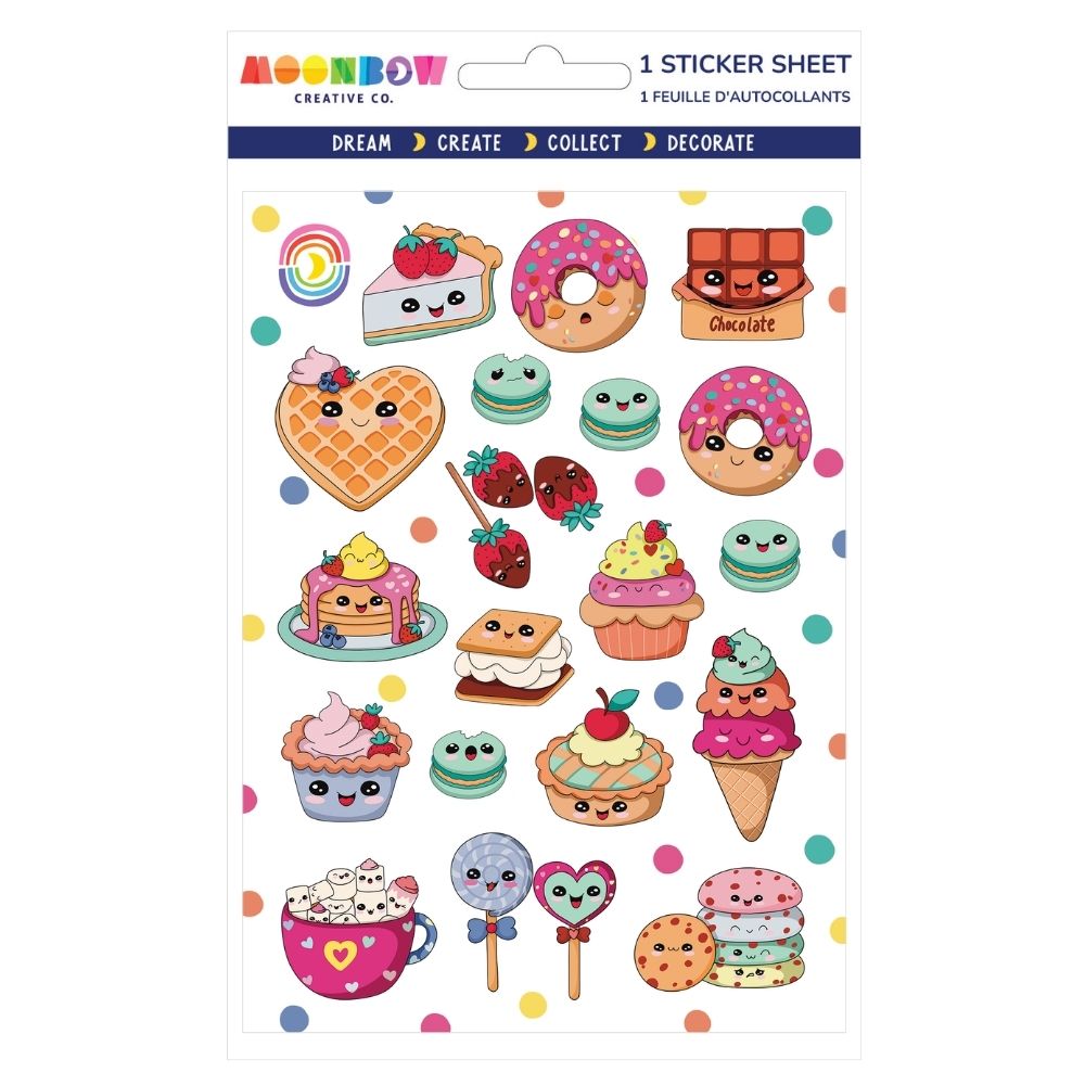 Sticker sheet with cute smiling desserts including cupcakes, donuts, macarons, waffles, chocolate, and sweet treats with colorful dots background