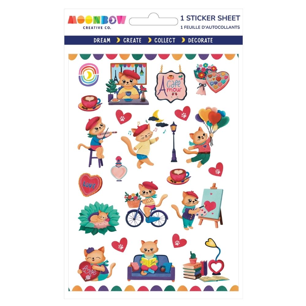 Sticker sheet with playful cats wearing berets and scarves, painting, riding bike, reading, and holding balloons with hearts