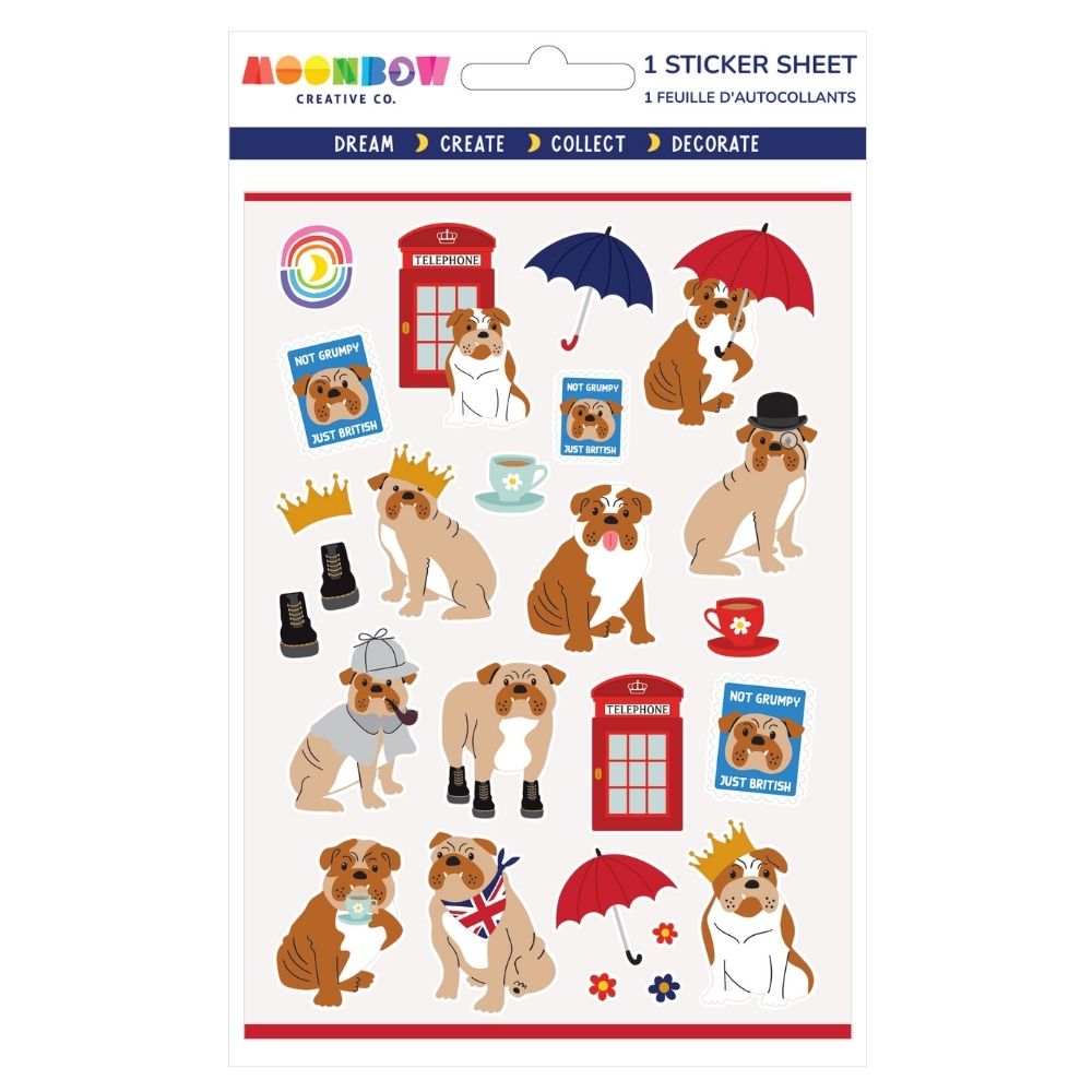 Sticker sheet with cartoon bulldogs dressed in British-themed outfits, red phone booths, umbrellas, and teacups on white background