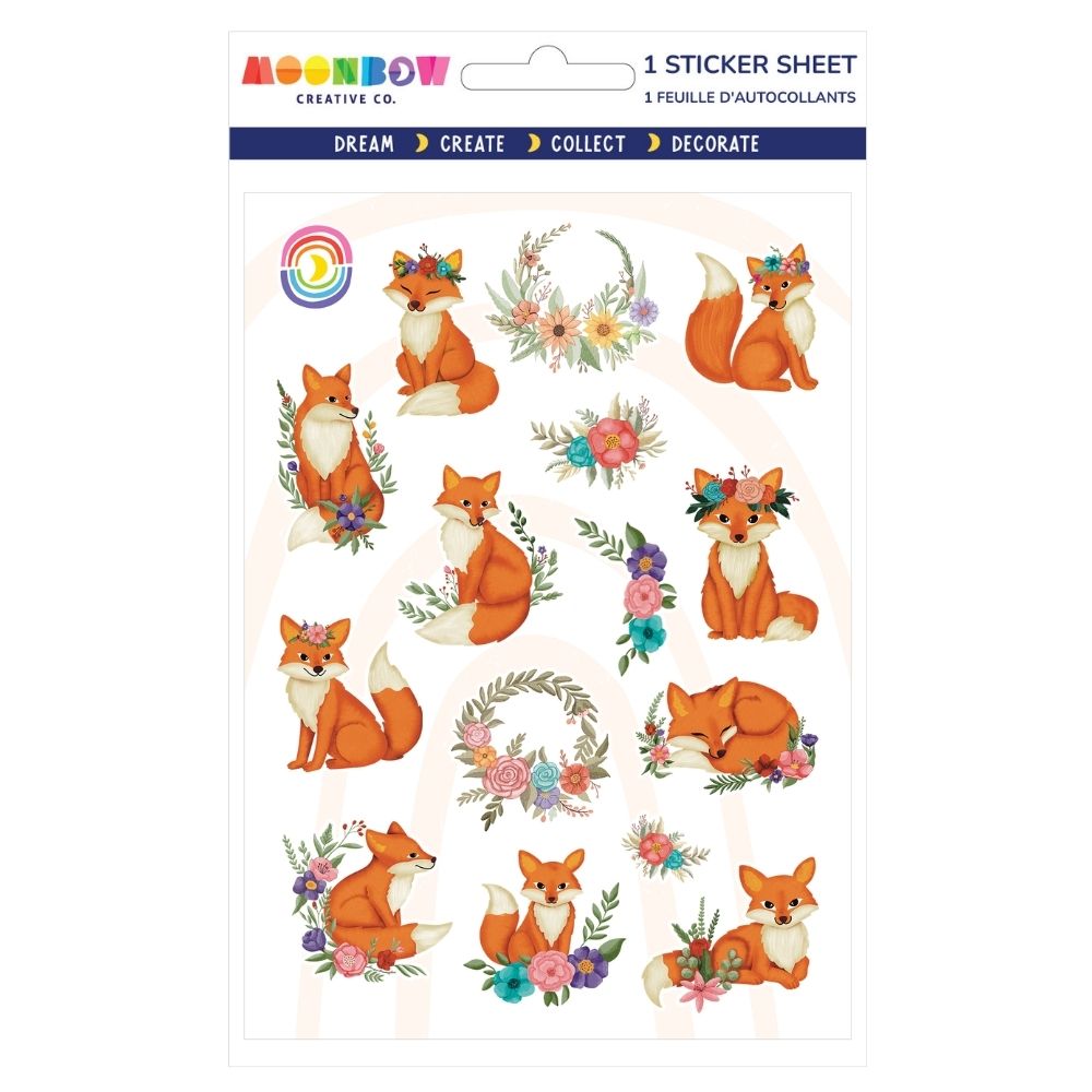 Sticker sheet with whimsical foxes in floral crowns and wreaths, sitting, standing, and curled up on white background