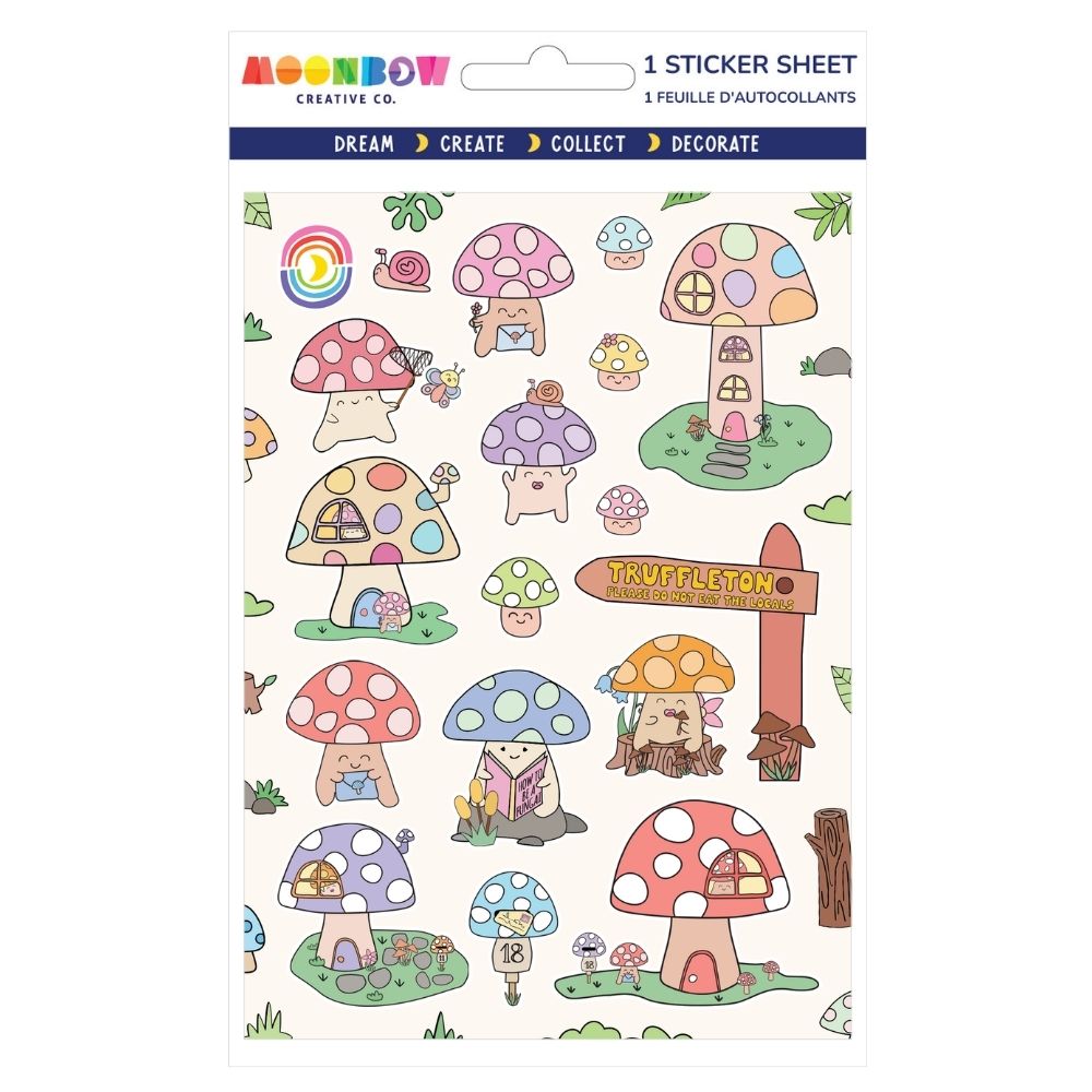 Sticker sheet with cute mushroom houses in pastel colors with characters, signs, snails, and whimsical details on white background