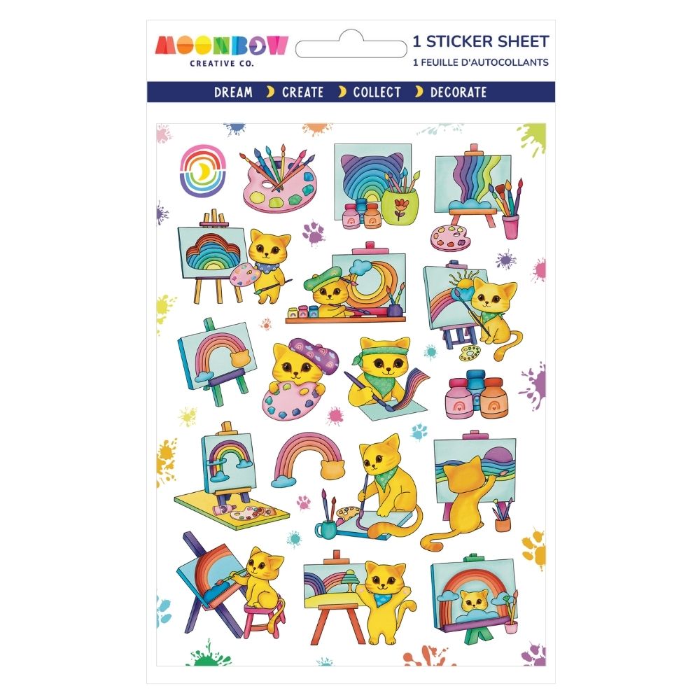 Sticker sheet with playful yellow cats painting colorful rainbows and using art supplies on white background