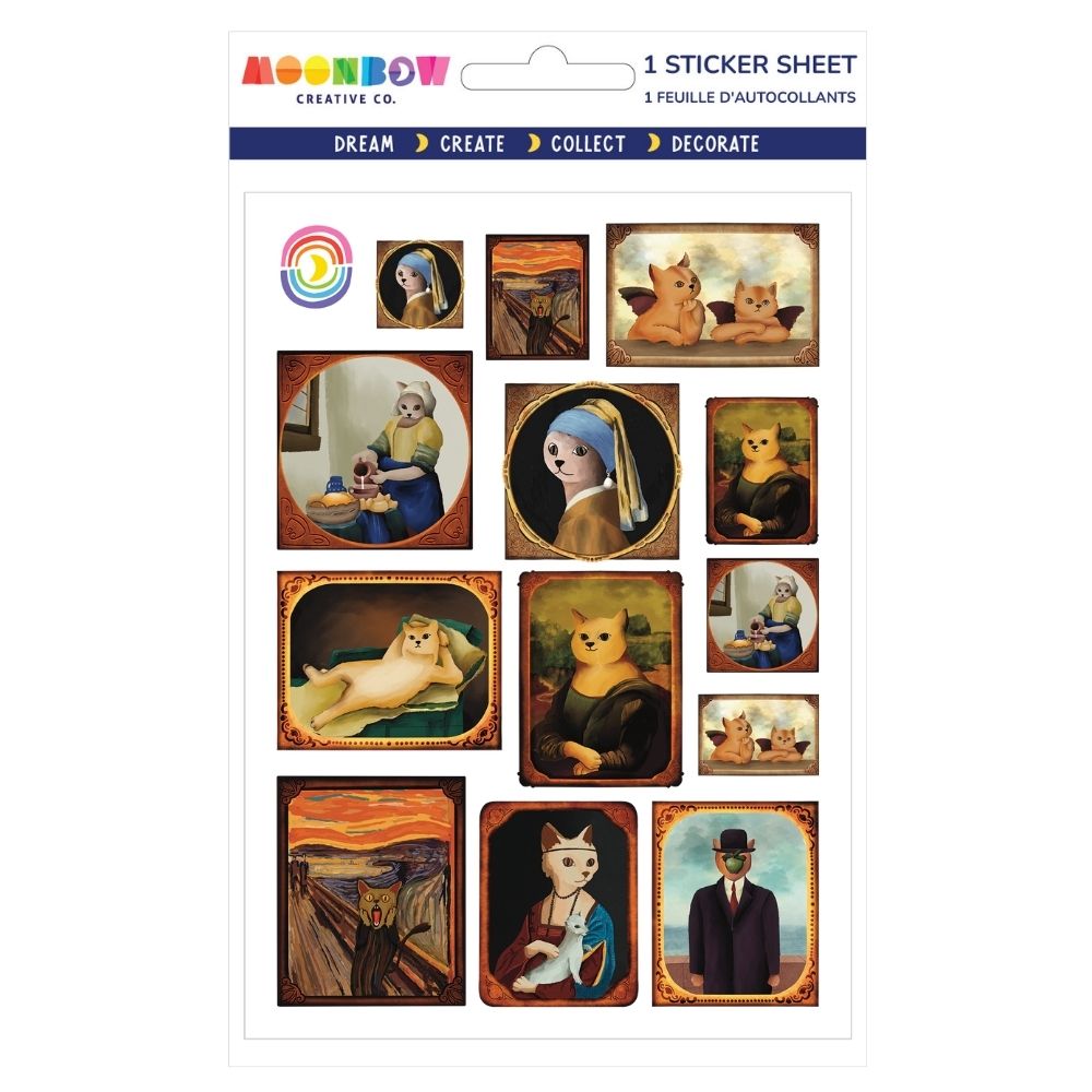 Sticker sheet featuring classical art masterpieces reimagined with playful orange cats in vintage-style frames on white background