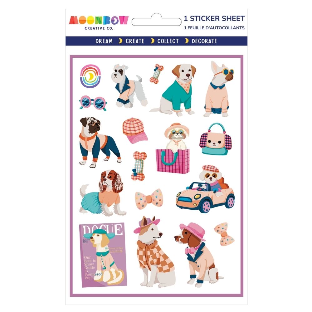 Sticker sheet featuring stylish dogs with accessories like hats, bows, sunglasses, and a toy car on white background