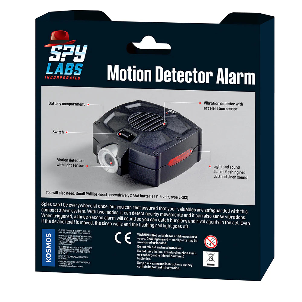 Spy Labs Motion Detector Alarm with vibration and light sensors, flashing red LED, and siren sound for security.