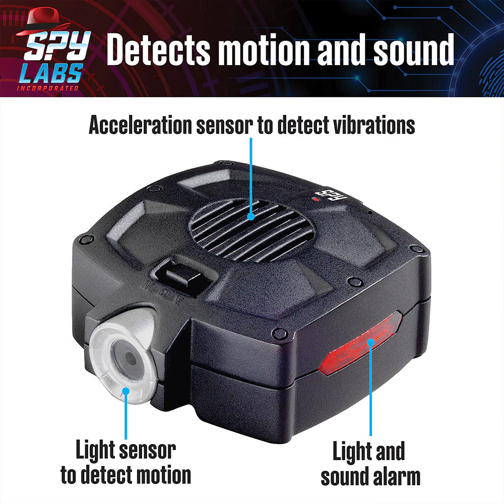 Spy Labs Motion Detector Alarm with light and vibration sensors and audible alarm for security detection.