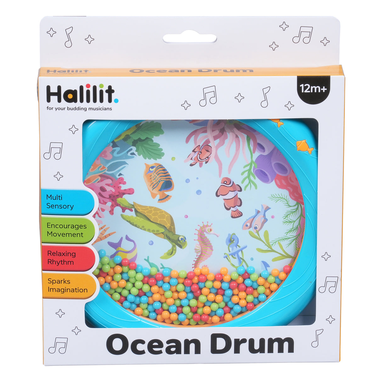 Round blue ocean drum toy with colorful beads and underwater sea creatures illustration inside packaging