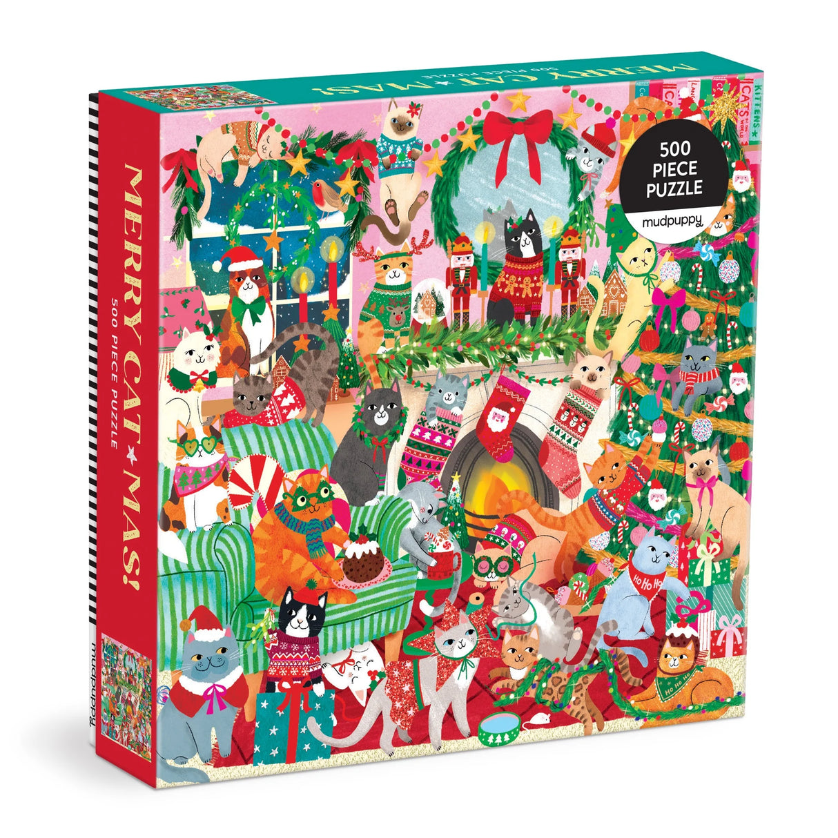Colorful 500-piece puzzle featuring cats in holiday sweaters and festive Christmas decorations for family fun time.