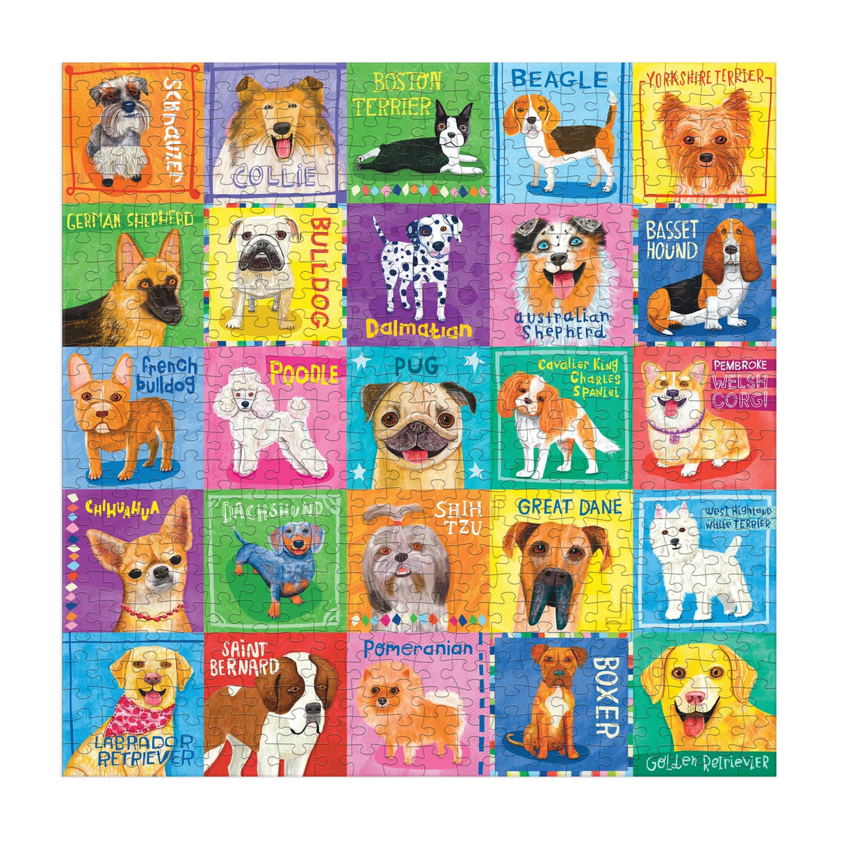 Colorful 500-piece puzzle featuring cute illustrated dog breeds with names in bright, playful squares for family fun.