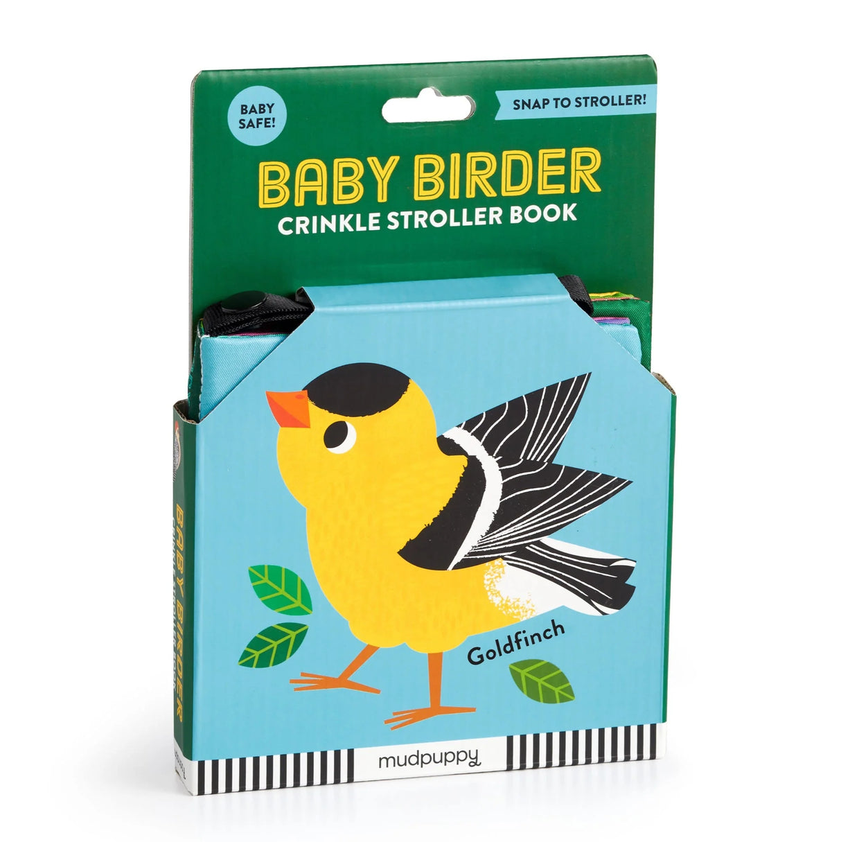 Baby Birder crinkle stroller book featuring a colorful goldfinch illustration and safe fabric for sensory play.