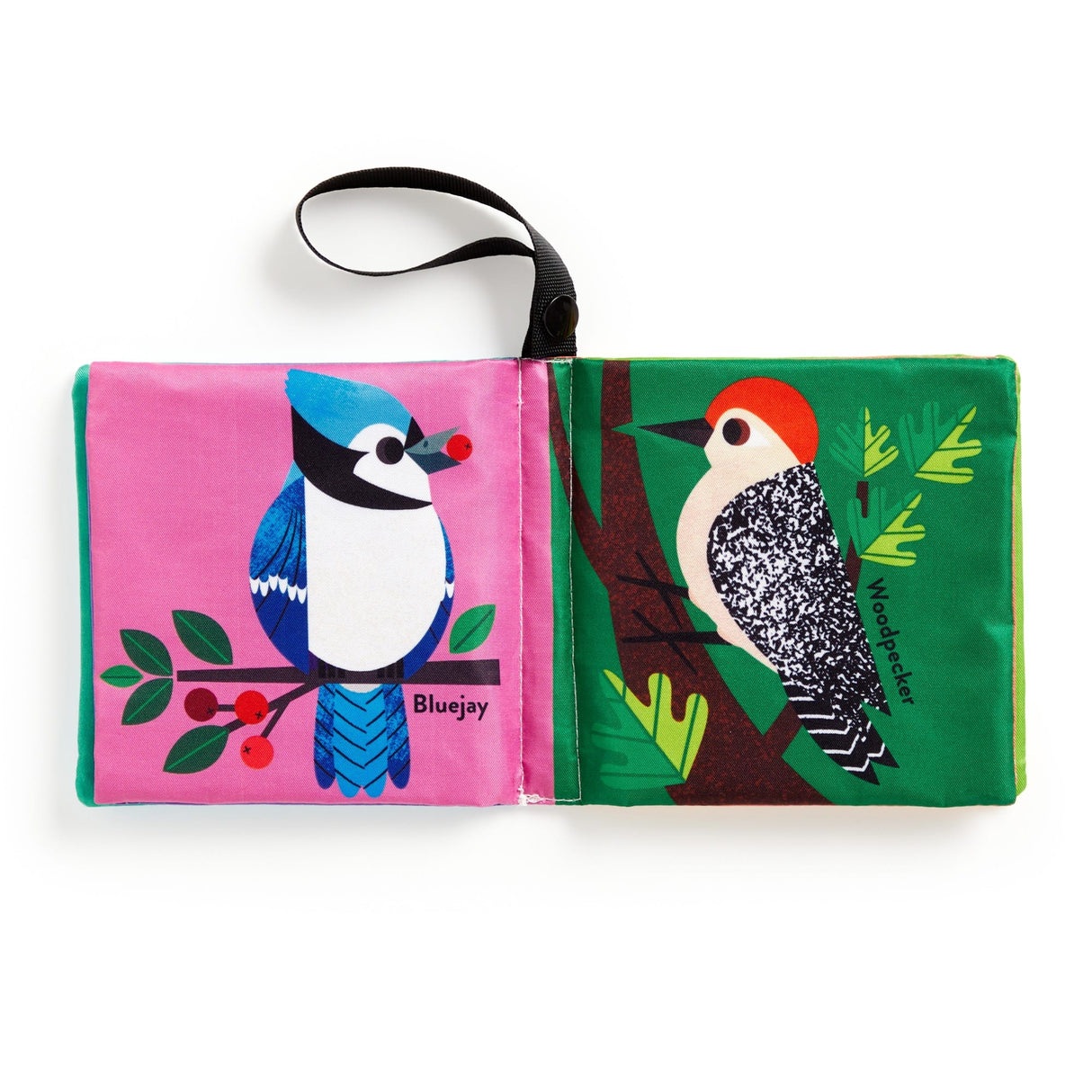 Open Baby Birder Crinkle Stroller Book showing colorful bluejay and woodpecker illustrations on fabric pages