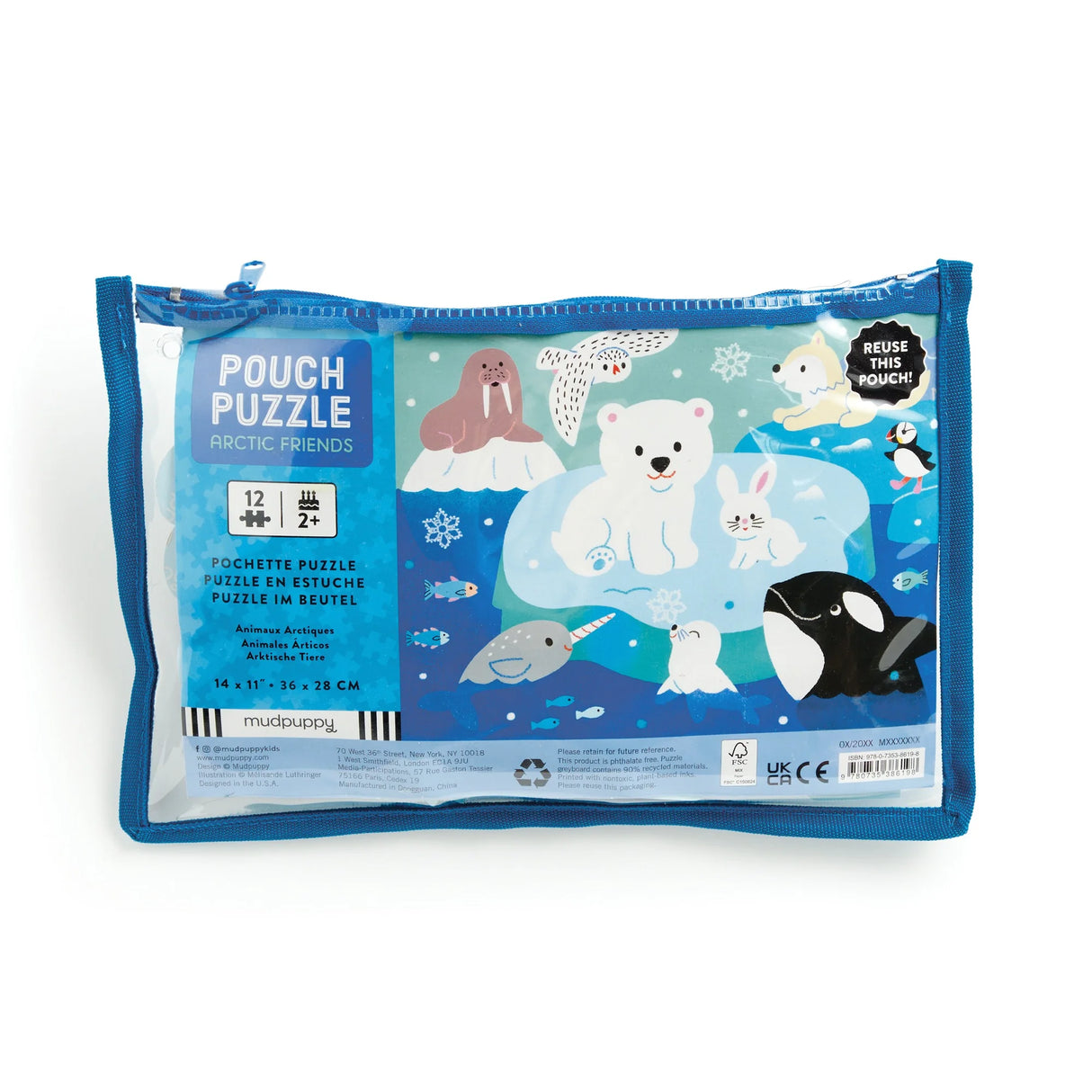12-piece Arctic Friends pouch puzzle featuring cute polar animals in a reusable blue pouch for young children