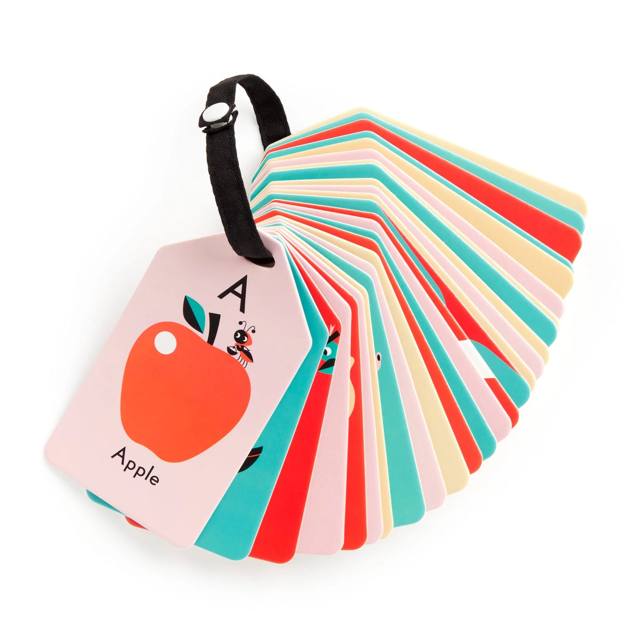 ABC Flash Cards featuring colorful pictures and uppercase letters on 26 double-sided cards on a reclosable ring.