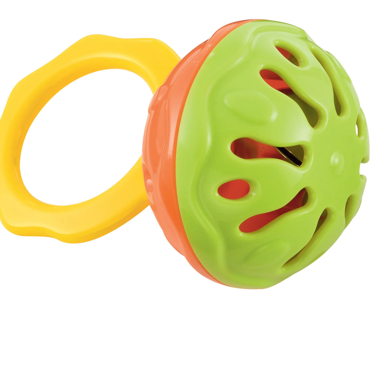 Close-up of green and orange fun rattle from the My First Baby Band musical toy set for early sensory play.