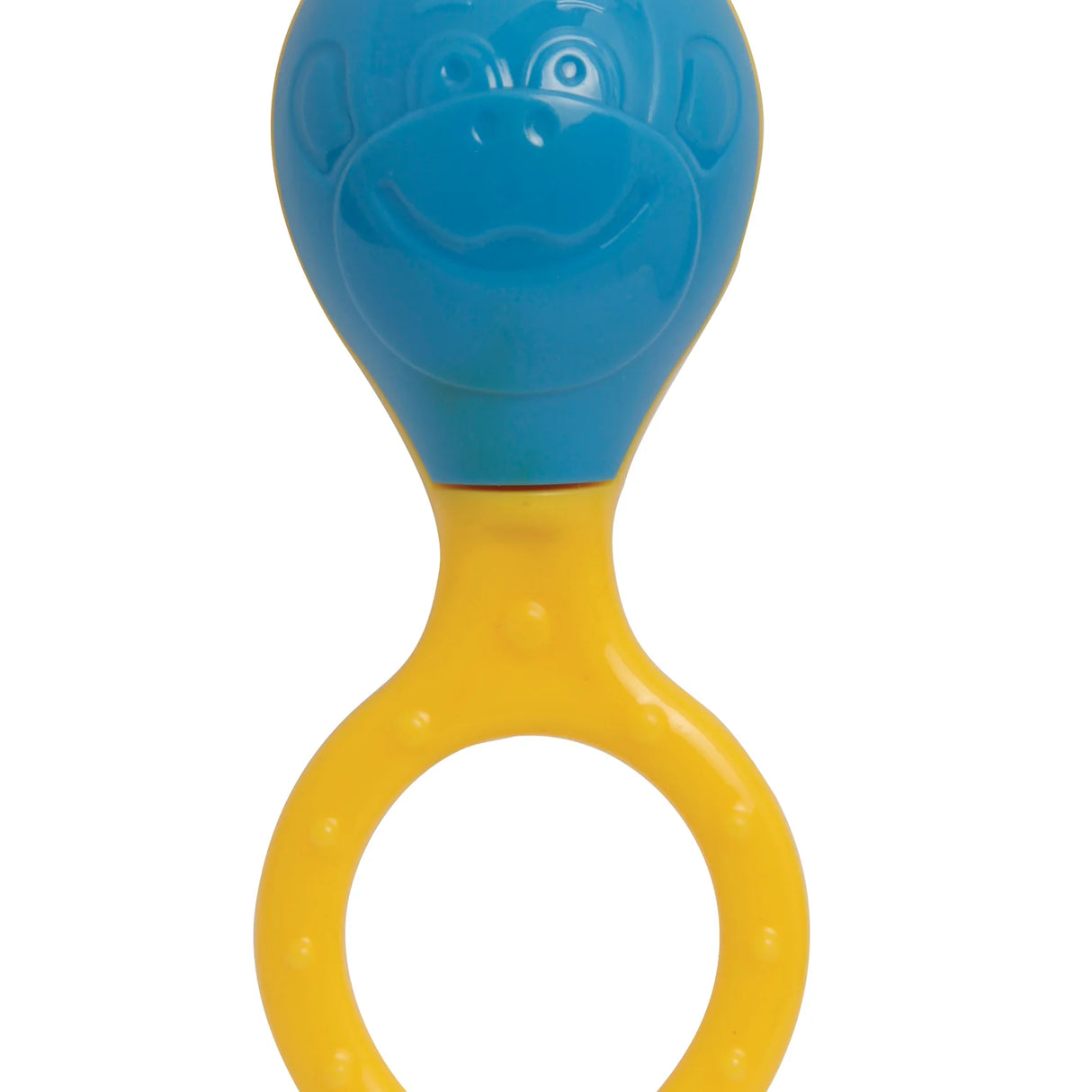 Close-up of a blue and yellow shaker from the My First Baby Band set for early musical play and sensory development.
