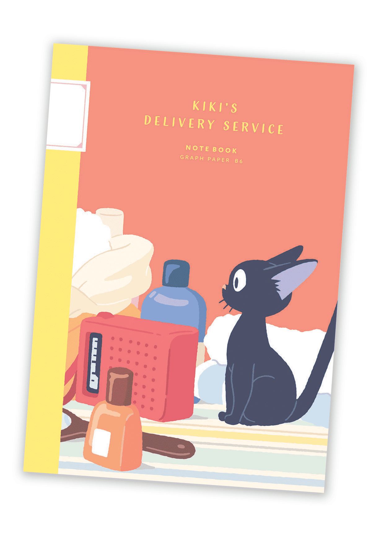 Front cover of Kiki's Delivery Service B6 notebook featuring Jiji the cat and some of Kiki's accessories.