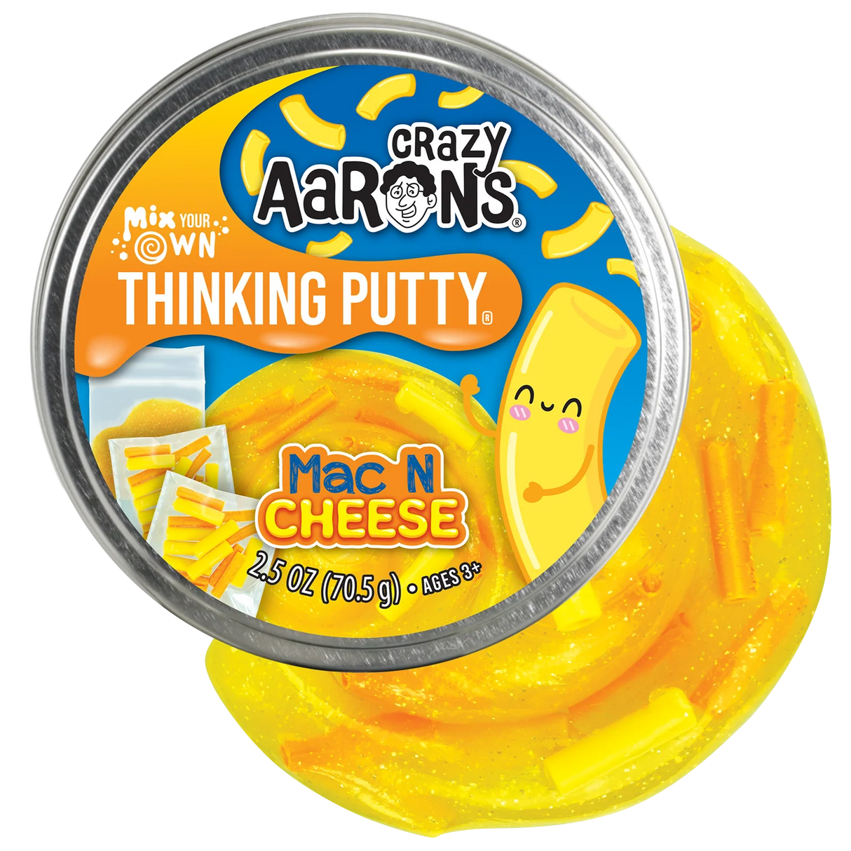 Tin of Mac N Cheese flavored mix your own thinking putty with colorful macaroni pieces and gooey texture inside