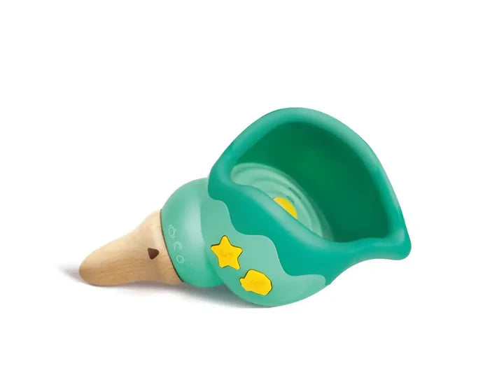Magic Music Conch toy in teal with yellow buttons, for playing songs, recording, and changing sound effects.