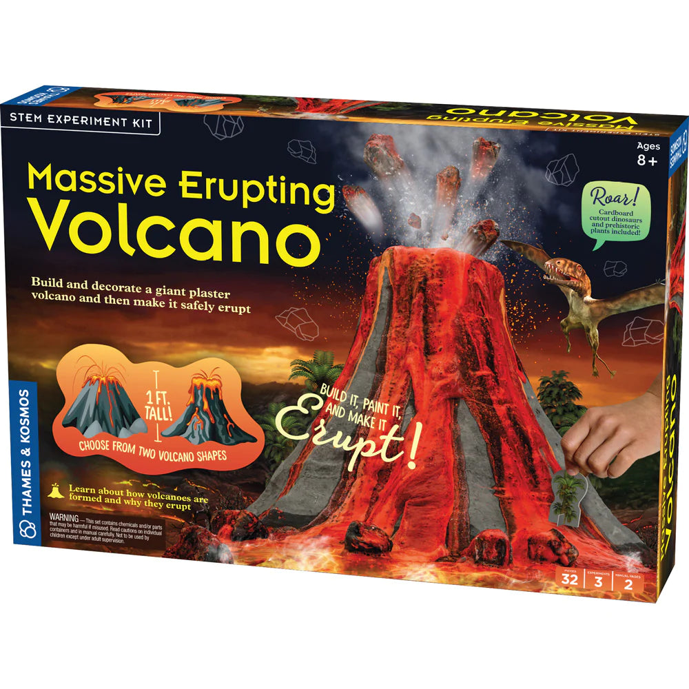 Massive Erupting Volcano STEM kit box showing a large erupting volcano model with dinosaurs and lava effects.