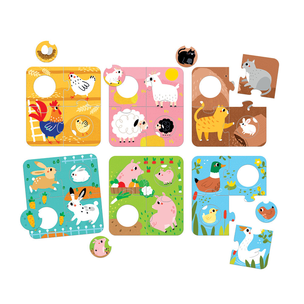 Match the Farm Animals Puzzle featuring six colorful farm animal jigsaw puzzles with interchangeable pieces for ages 2 and up.