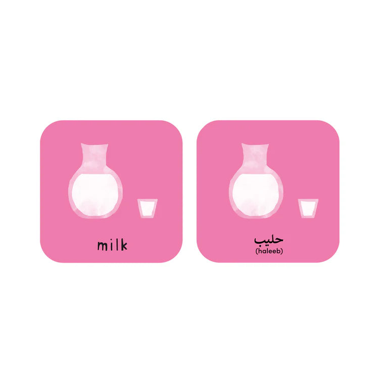 Sample pair of cards measuring 2.95" x 2.95" featuring cartoon image of milk with English and Arabic translations.