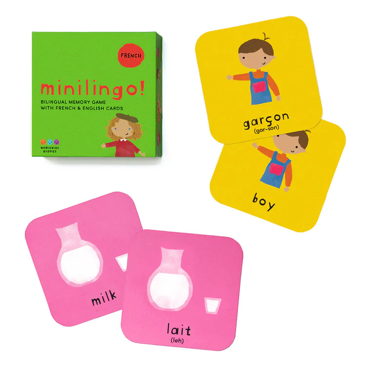 Image of the game box reading "Minilingo! Bilingual Memory Game with French & English Cards", as well as two sample cards with a cartoon image and English and French translations for "milk" and "boy".
