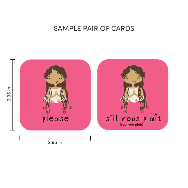 Sample pair of cards measuring 2.95" x 2.95" featuring cartoon image of a person motioning please and English and French translations for "please".