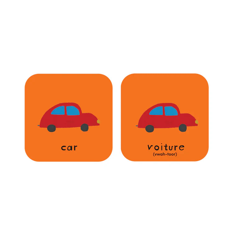 Sample pair of cards measuring 2.95" x 2.95" featuring cartoon image of a car and English and French translations for "car".