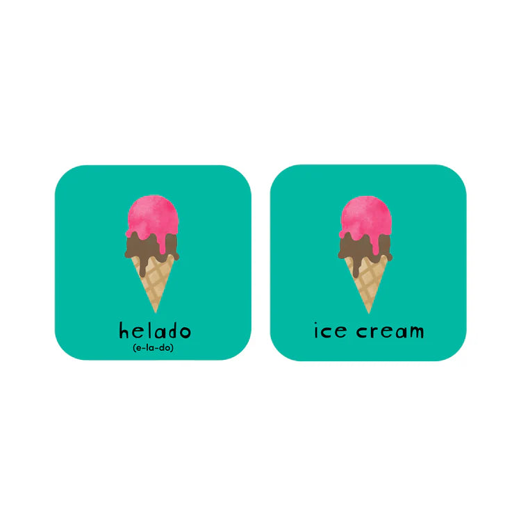 Sample pair of cards measuring 2.95" x 2.95" featuring cartoon image of an ice cream and English and Spanish translations for "ice cream".