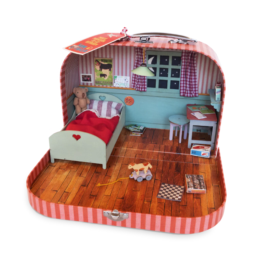 Sam & Julia | Mouse Mansion to Go miniature bedroom in a striped suitcase with bed, toys, and furniture pieces.