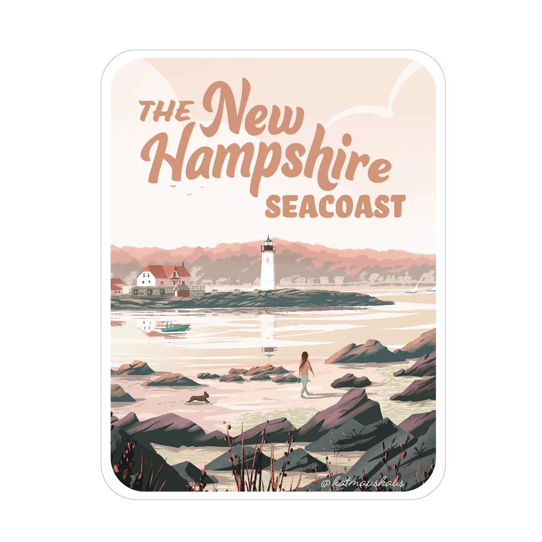 New Hampshire Seacoast Sticker showing a scenic lighthouse and coastline with a person and dog on rocks.