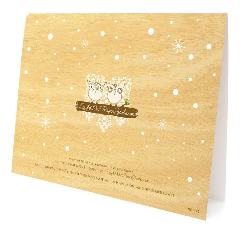 Peppermint Hedgehog Holiday Card with snowy design on kraft paper, blank inside for personal holiday greetings.