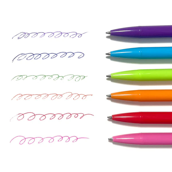 Bright Writers Ballpoint Pens set showing six colorful retractable pens with vibrant ink scribbles on white background.