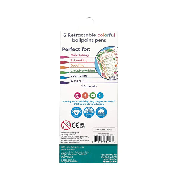 Bright Writers Ballpoint Pens six retractable colorful pens perfect for note taking art making and journaling with 1.0mm nib