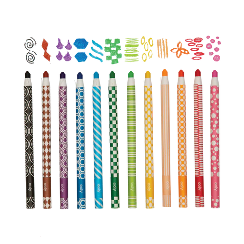 Color Appeel Crayons in 12 bright colors with patterned barrels and peel-away paper for smooth, vibrant drawing fun.