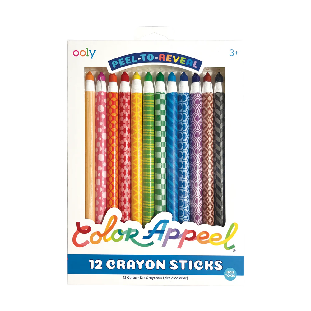 Color Appeel Crayons set of 12 peel-to-reveal crayons with bright colors and patterned barrels for smooth drawing.