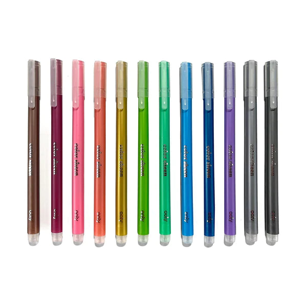 Color Sheen Metallic Gel Pens set of 12 vibrant colors with fine tips for writing, drawing, and journaling on white or black paper.