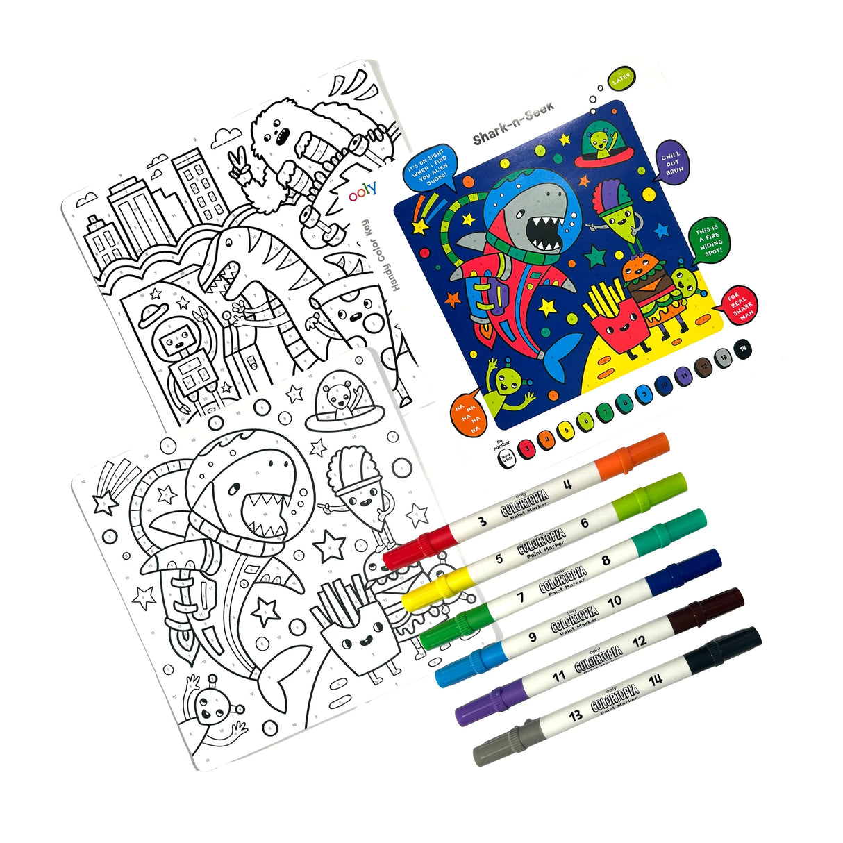 Colortopia Color by Number | Epic Adventures kit with paint markers, two artboards, and colorful astronaut shark design.