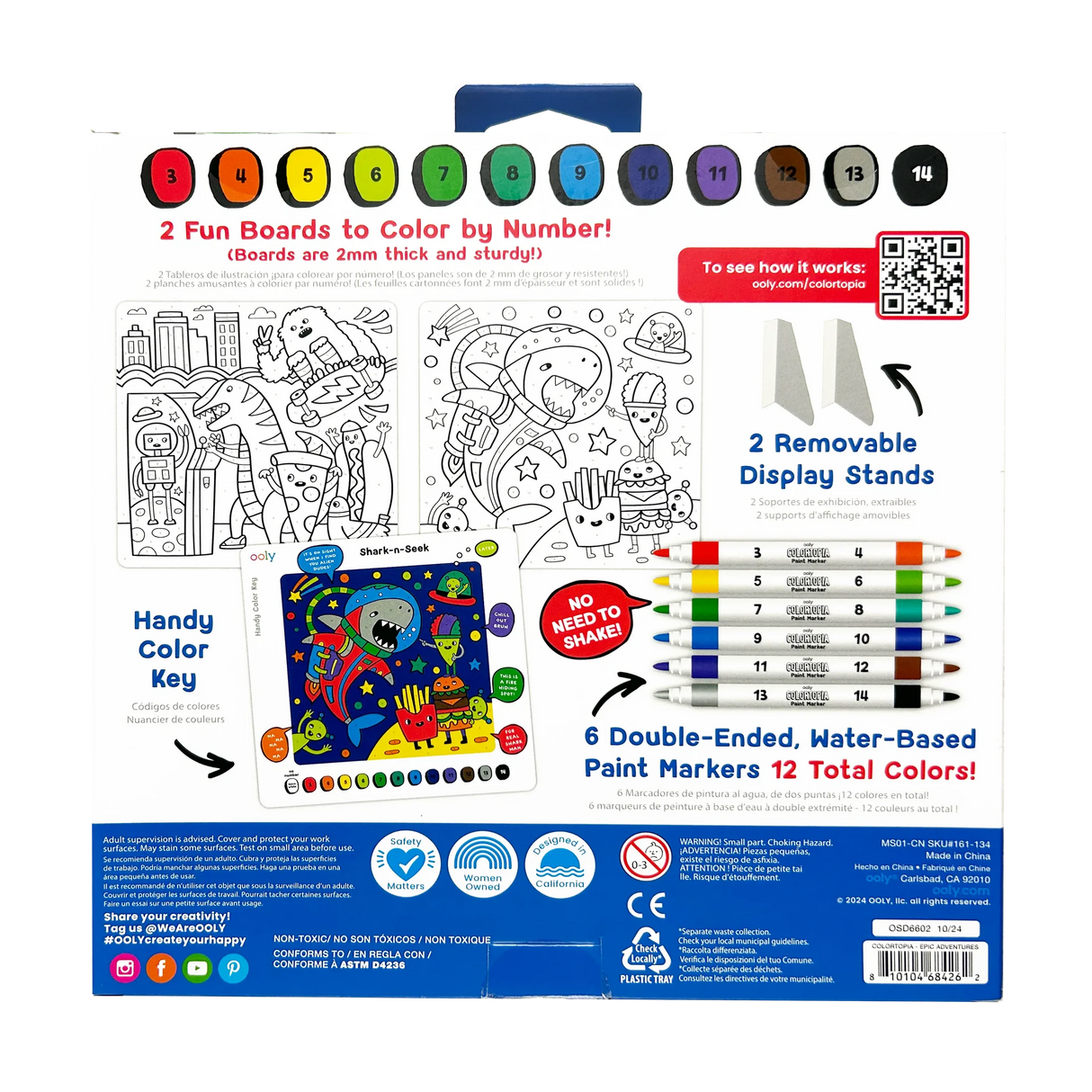 Colortopia Color by Number | Epic Adventures kit with 2 artboards, double-ended paint markers, and removable display stands.