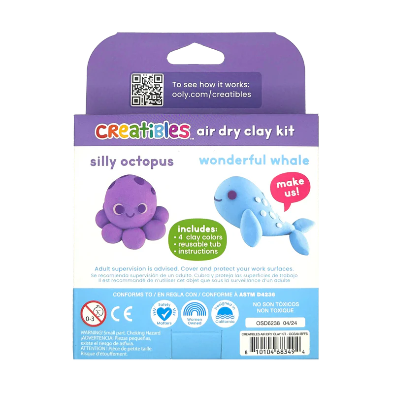 Creatibles Air Dry Clay Kit Ocean BFFs with four clay colors and instructions to make a silly octopus and wonderful whale.