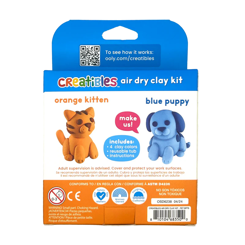Creatibles Air Dry Clay Kit | Pet BFFs with orange kitten and blue puppy sculptures in reusable tub.
