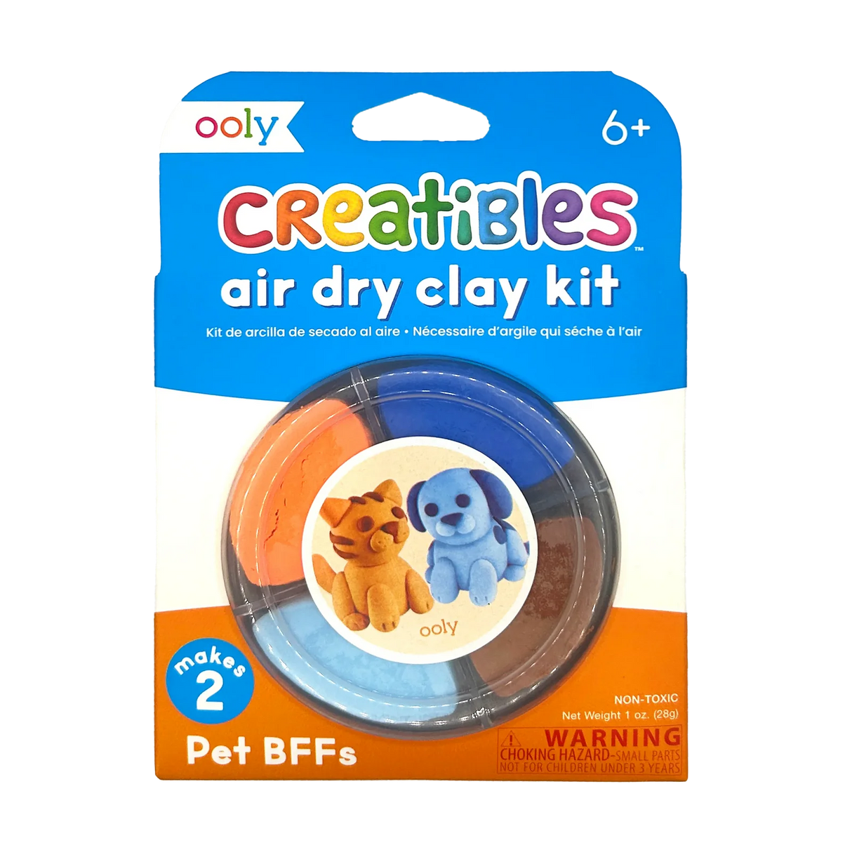 Creatibles Air Dry Clay Kit Pet BFFs with four non-toxic clay colors to create an orange kitten and blue dog sculptures.