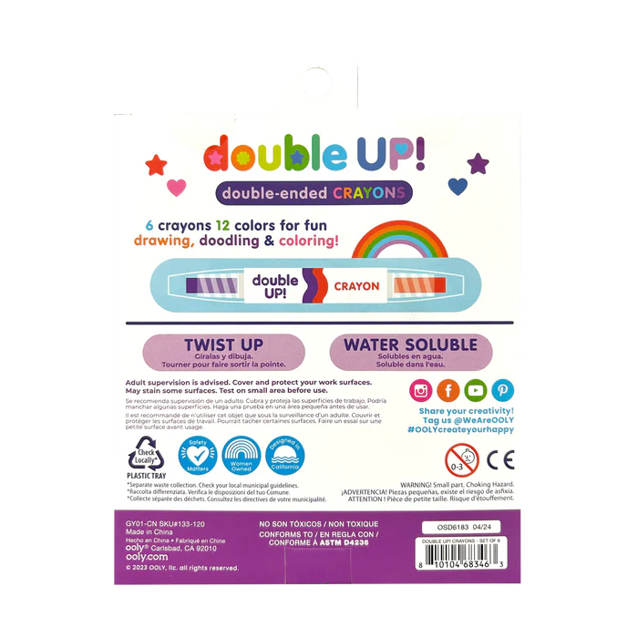 Double Up! Double Ended Crayons pack showing six twist-up crayons with twelve vibrant colors for drawing and coloring fun.