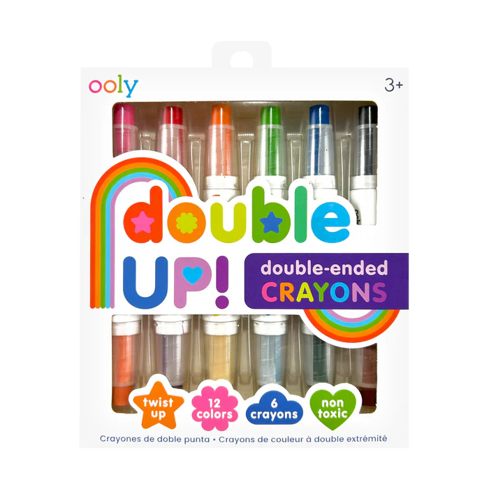Double Up! Double Ended Crayons pack with 6 twist-up crayons, 12 colors, non-toxic and washable for kids 3 and up.