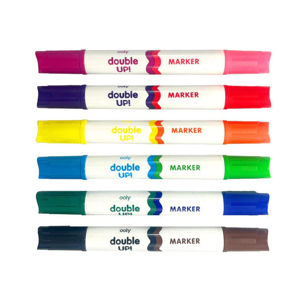 Double Up! Double-Ended Markers set showing six markers with twelve vibrant colors and dual tips for versatile drawing.